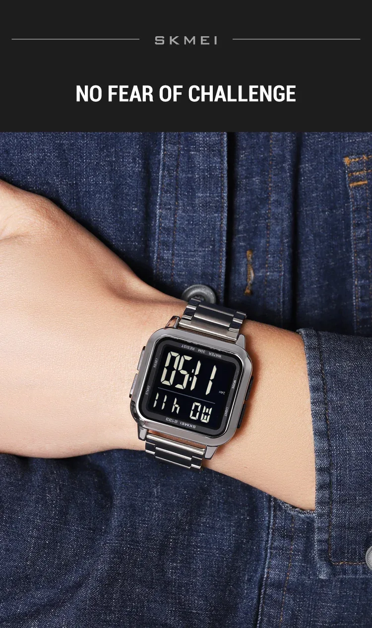 SKMEI New Luxury Stainless Steel LED Light Sport Fashion Watch Mens 3Bar Waterproof Digital Wristwatches Male Alarm Reloj Hombre