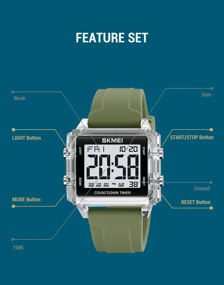 SKMEI Youth Cool Digital Sport Watches For Men Women Students 5Bar Waterproof Stopwatch Countdown Wristwatch Clock Reloj Hombre