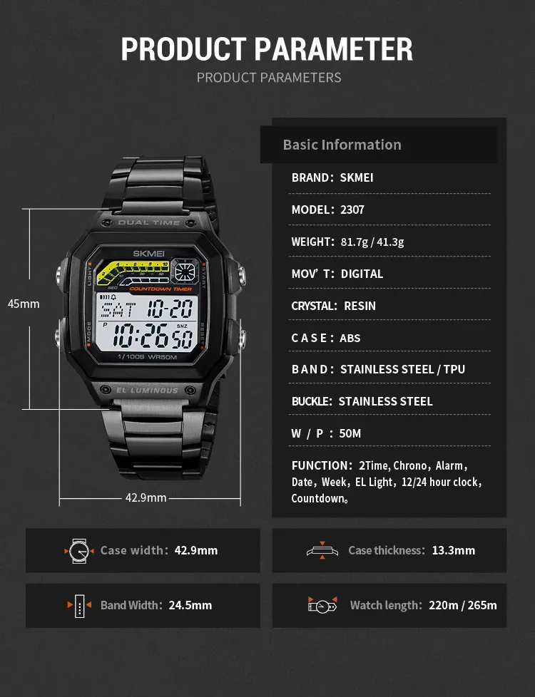 Skmei Men Military Countdown Chrono Stopwatch Wristwatch 5Bar Waterproof Alarm Clock Back Light Digital Sport Watch Reloj Hombre