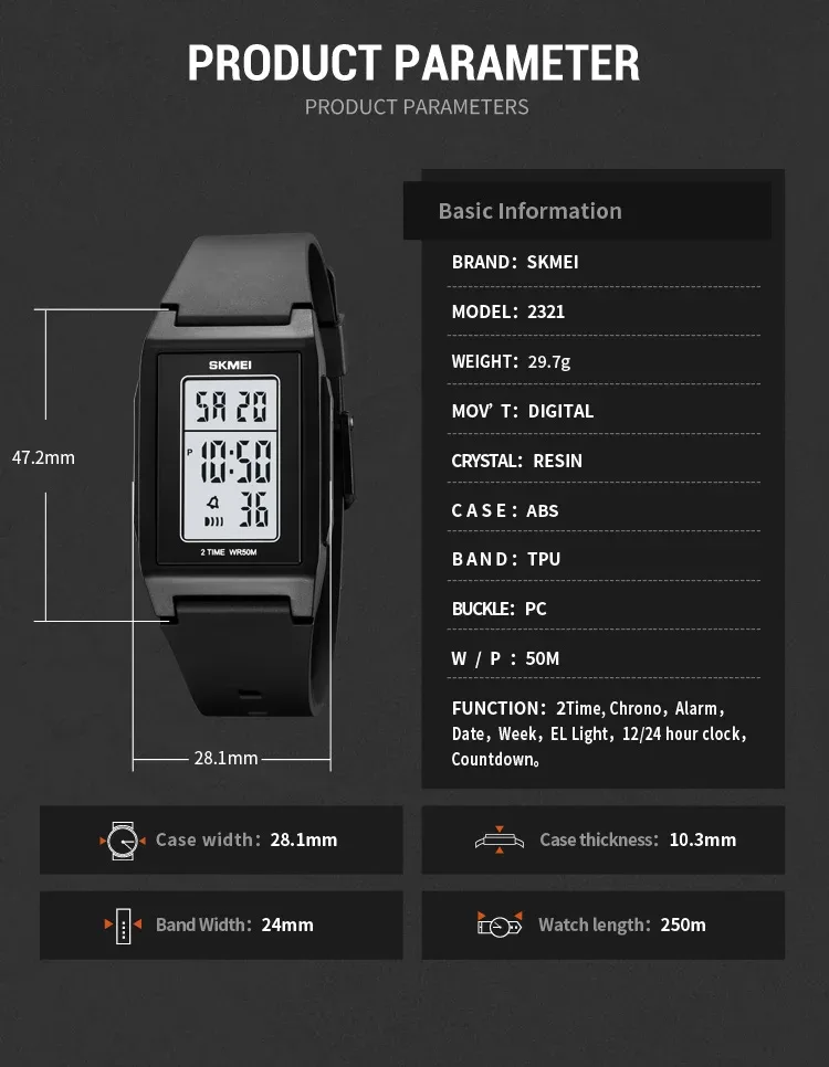 SKMEI Japan Digital Watches For Men Countdown Sport Watch Fashion Waterproof Students Wristwatch Back Light Display Reloj Hombre