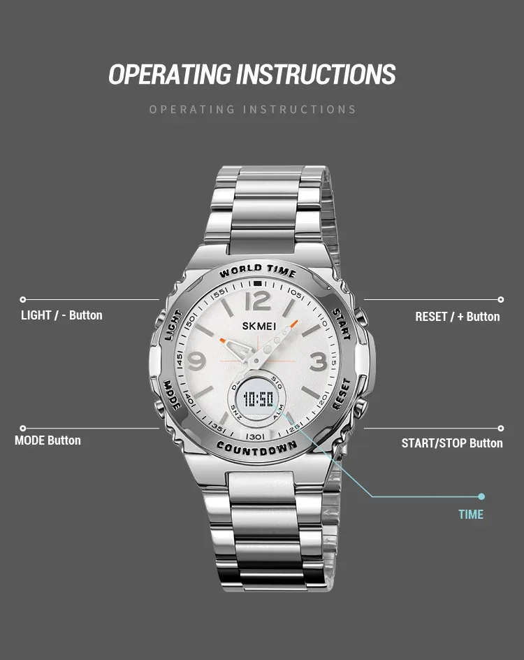 SKMEI Luxury Men's Clock Movement Watches Waterproof Sport Electronic Watch Male Digital Stainless Steel Wristwatch Reloj Hombre