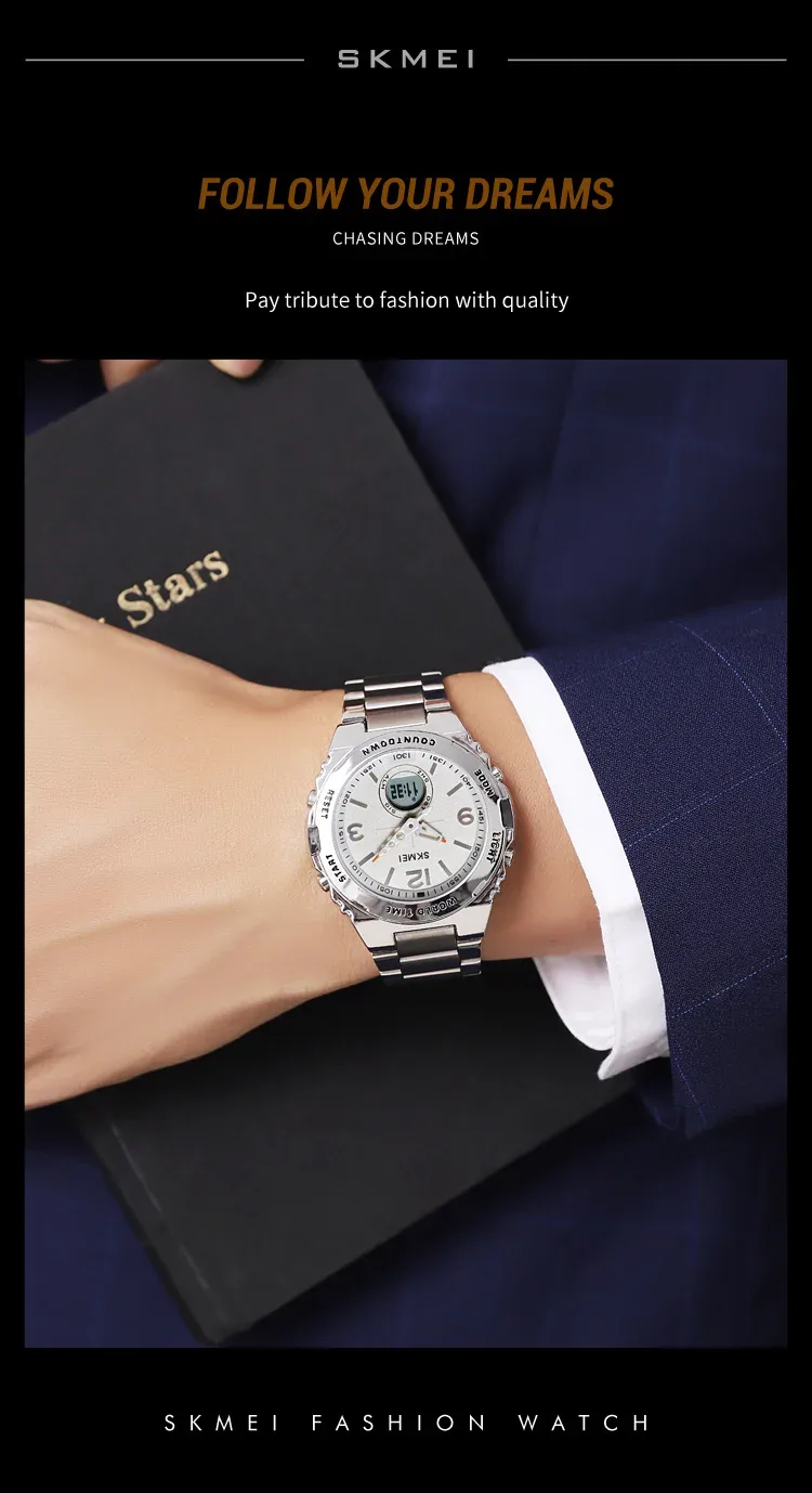 SKMEI Luxury Men's Clock Movement Watches Waterproof Sport Electronic Watch Male Digital Stainless Steel Wristwatch Reloj Hombre