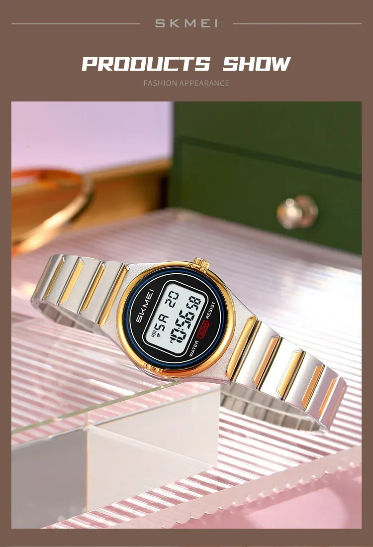 SKMEI Small Dial Digital Stainless Steel Wristwatches Women Top Brands Luxury Watches Waterproof Sports Ladies Electronics Watch