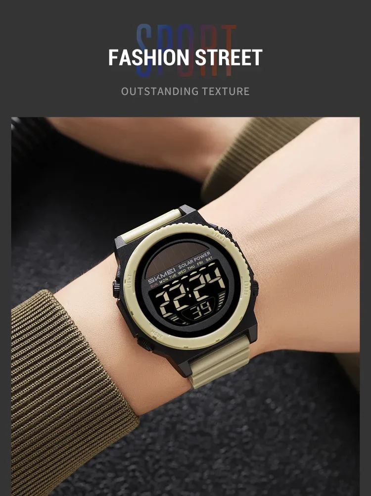 SKMEI Solar Energy Digital Sports Electronic Watches For Men Fashion Casual 5Bar Waterproof Chrono Wristwatch Clock Reloj Hombre