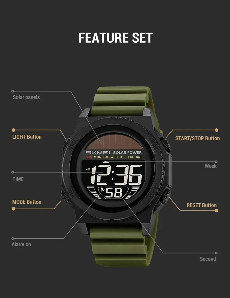 SKMEI Solar Energy Digital Sports Electronic Watches For Men Fashion Casual 5Bar Waterproof Chrono Wristwatch Clock Reloj Hombre
