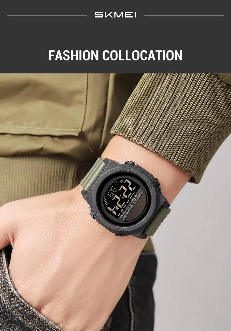 SKMEI Solar Energy Digital Sports Electronic Watches For Men Fashion Casual 5Bar Waterproof Chrono Wristwatch Clock Reloj Hombre