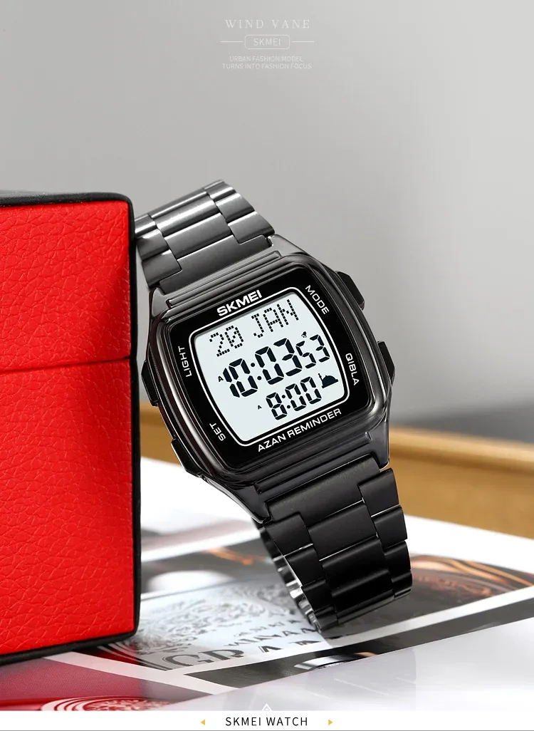 SKMEI Muslim Digital Watch Led Light Display Watches Pilgrimage Time Reminder Qibla Direction Function Wristwatch For Men Women