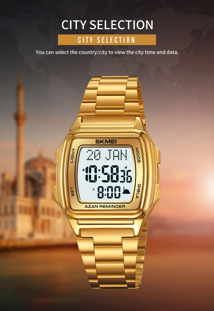 SKMEI Muslim Digital Watch Led Light Display Watches Pilgrimage Time Reminder Qibla Direction Function Wristwatch For Men Women