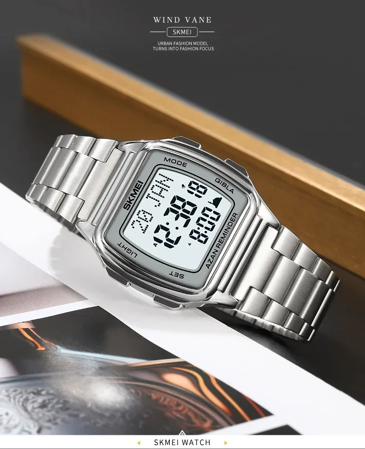 SKMEI Muslim Digital Watch Led Light Display Watches Pilgrimage Time Reminder Qibla Direction Function Wristwatch For Men Women