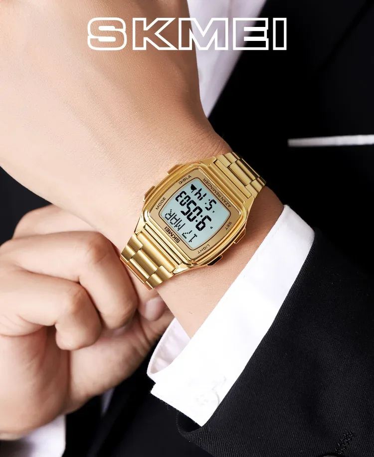 SKMEI Muslim Digital Watch Led Light Display Watches Pilgrimage Time Reminder Qibla Direction Function Wristwatch For Men Women