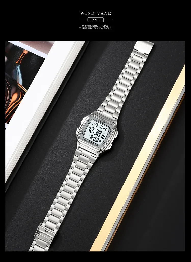 SKMEI Muslim Digital Watch Led Light Display Watches Pilgrimage Time Reminder Qibla Direction Function Wristwatch For Men Women
