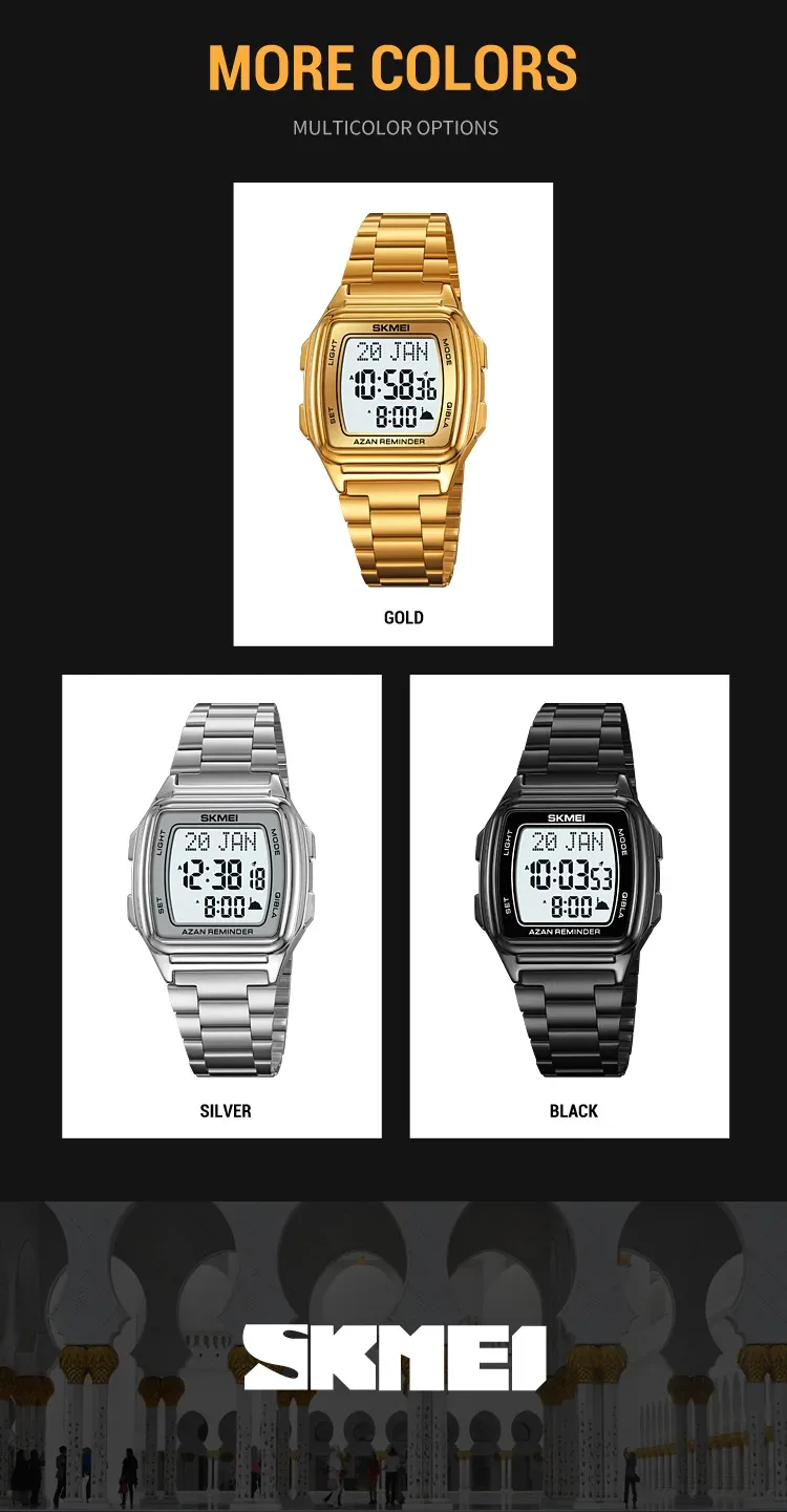 SKMEI Muslim Digital Watch Led Light Display Watches Pilgrimage Time Reminder Qibla Direction Function Wristwatch For Men Women