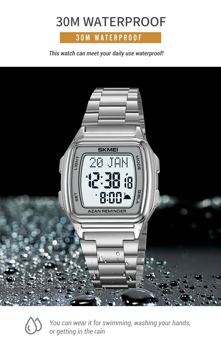SKMEI Muslim Digital Watch Led Light Display Watches Pilgrimage Time Reminder Qibla Direction Function Wristwatch For Men Women