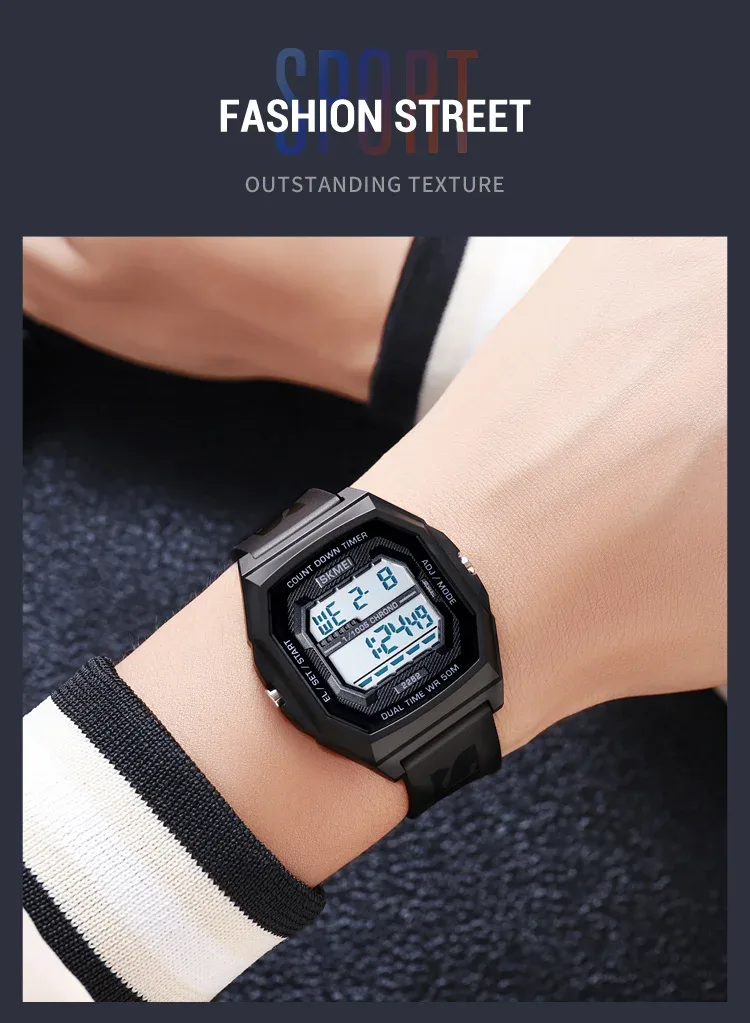 SKMEI Fashion Digital Sport Electronic Watches For Men Women 5Bar Waterproof Stopwatch Countdown Wristwatches Clock Reloj Hombre