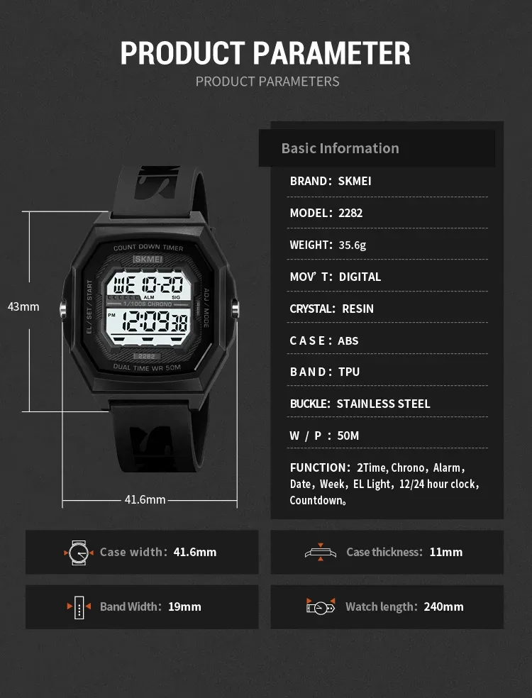 SKMEI Fashion Digital Sport Electronic Watches For Men Women 5Bar Waterproof Stopwatch Countdown Wristwatches Clock Reloj Hombre