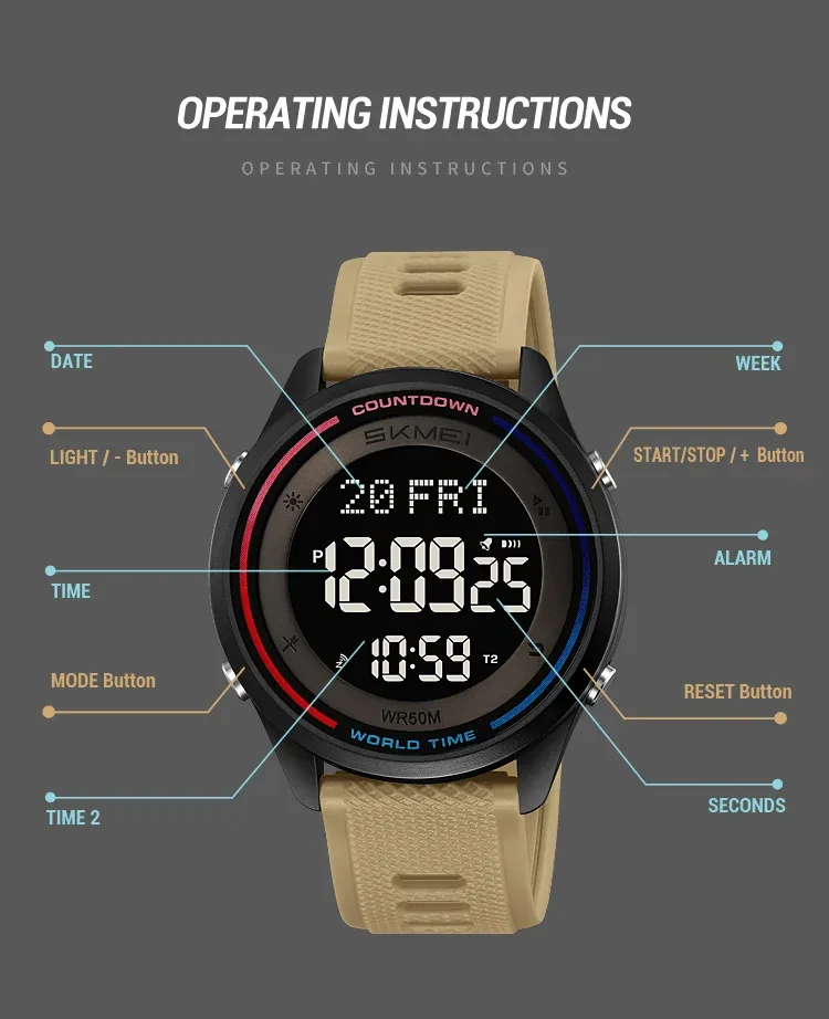 SKMEI Fashion Digital Wristwatches For Men Women Outdoor Waterproof World Time Clock Watches Sports Military Watch Reloj Hombre