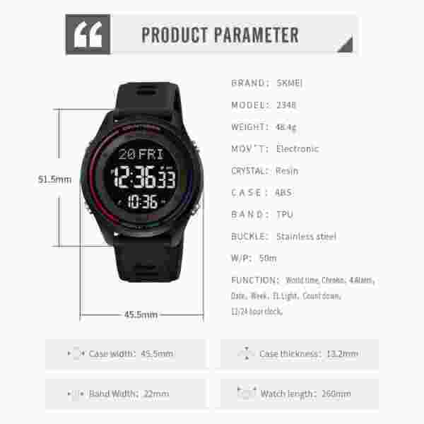 Skmei 2348 World Time Digital Sport Watch for Men with 50M Waterproof (Multiple Colors) - Image 6