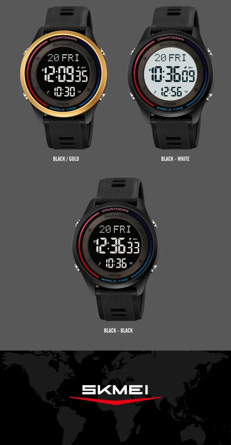 SKMEI Fashion Digital Wristwatches For Men Women Outdoor Waterproof World Time Clock Watches Sports Military Watch Reloj Hombre