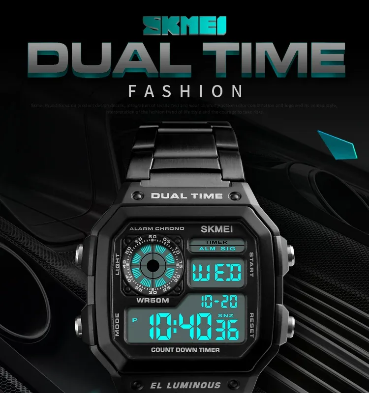 SKMEI 50M Waterproof Digital Watches For Mens 2 Time Chrono Men Wristwatches Fashion Sport Male Watch Clock Retro reloj hombre