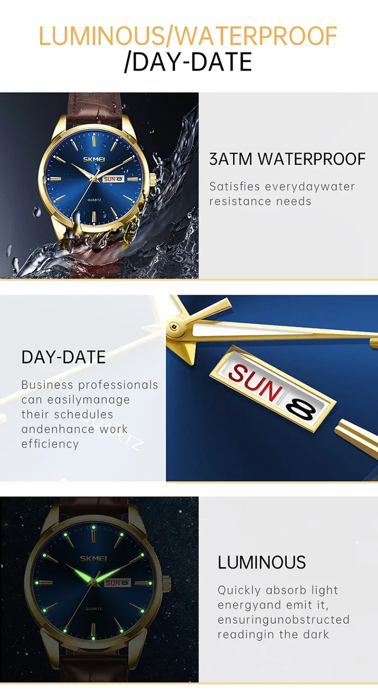 SKMEI Luxury Movement Quartz Watch For Men Women Business Date Week Wristwatch Fashion Design Waterproof Time Clock Reloj Hombre