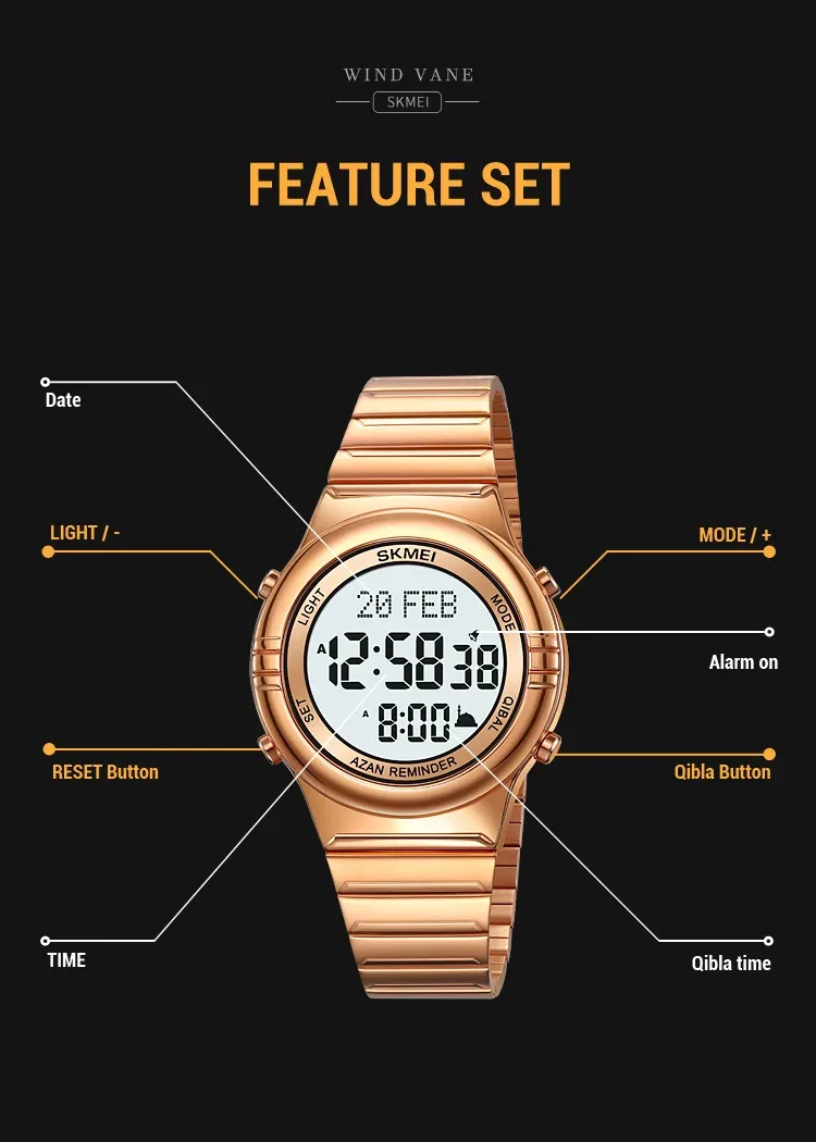 SKMEI Pilgrimage Time Reminder Watches Digital Sport Watch Waterproof Wristwatches For Men Women Qibla Name Display Reloj Hombre