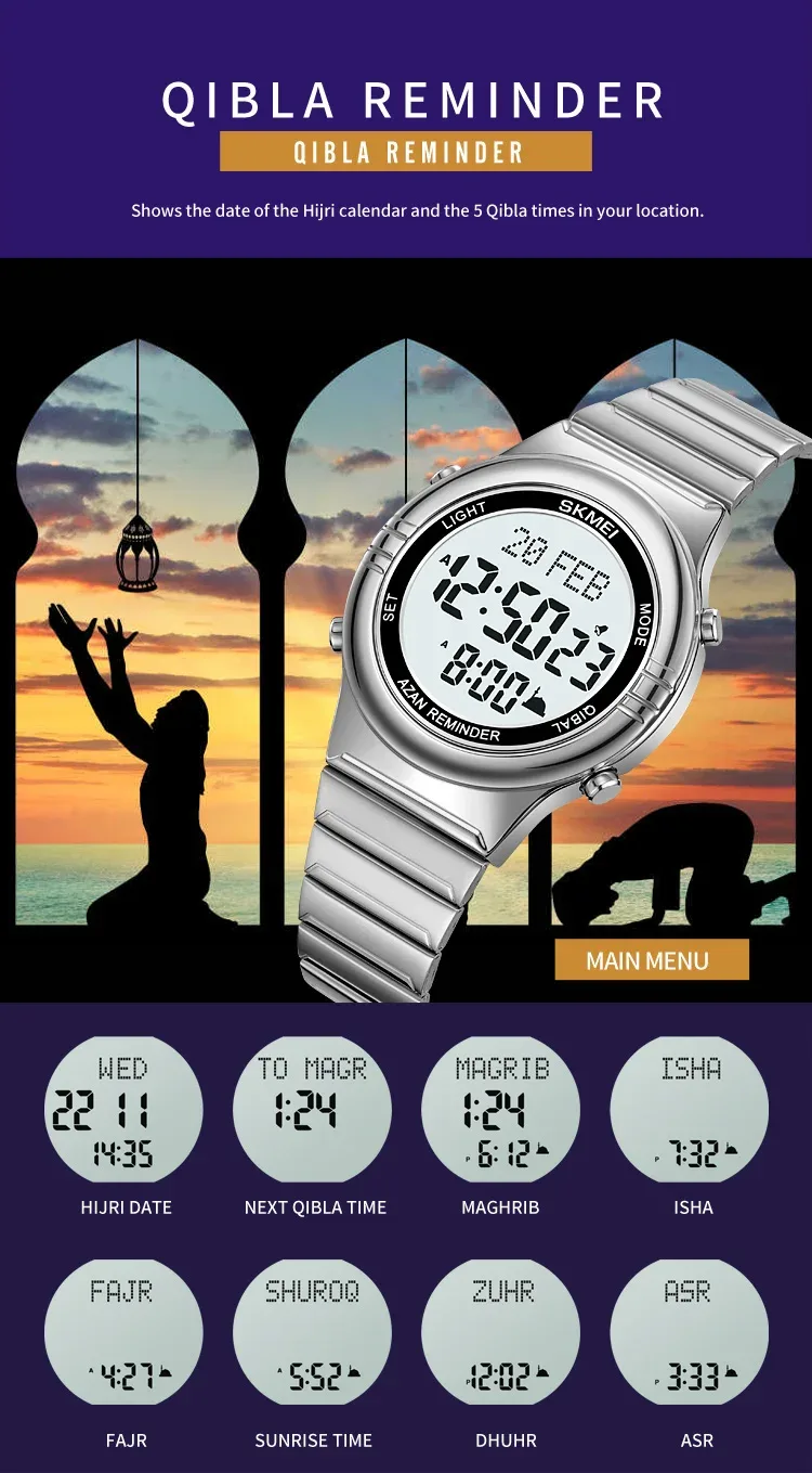 SKMEI Pilgrimage Time Reminder Watches Digital Sport Watch Waterproof Wristwatches For Men Women Qibla Name Display Reloj Hombre
