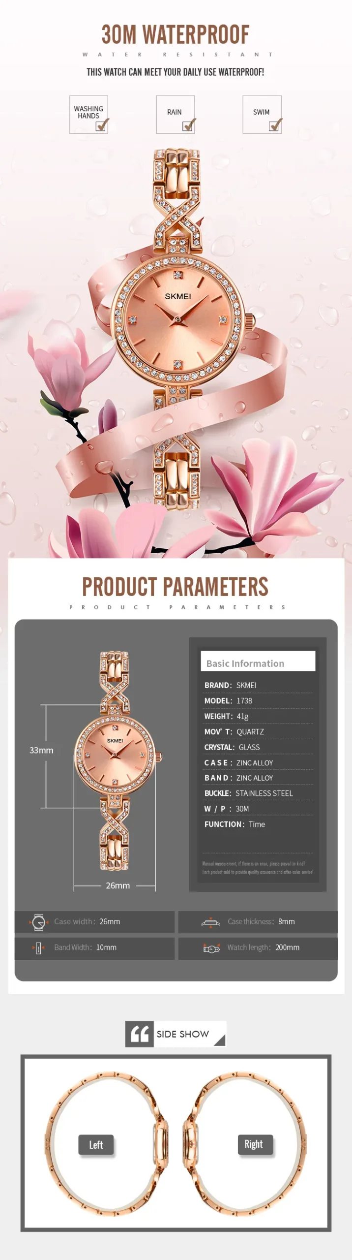 SKMEI Romantic Style Quartz Women's Watch Fashion Thin Strap Ladies Bracelet Wristwatch Female Clock Waterproof Relogio Feminino