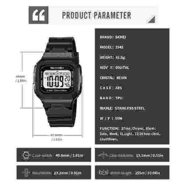 Skmei 2343 Multifunctional Digital Sports Watch with Dual Time and Countdown Timer (50M Waterproof) - Image 6
