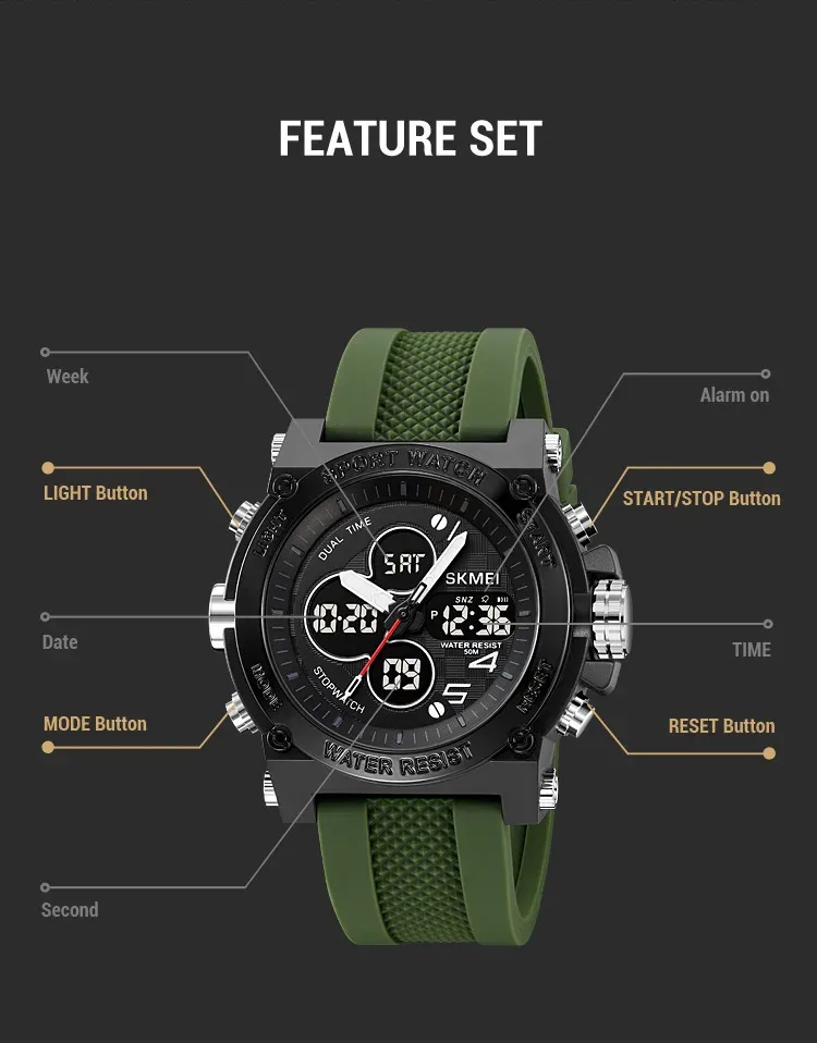 SKMEI Men Countdown Sports Electronics Wristwatches Three Time Clock Digital Quartz Watches Dual Display Watch Relogio Masculino