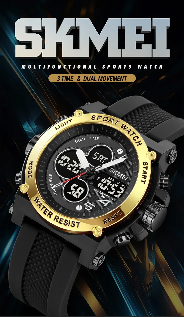SKMEI Men Countdown Sports Electronics Wristwatches Three Time Clock Digital Quartz Watches Dual Display Watch Relogio Masculino