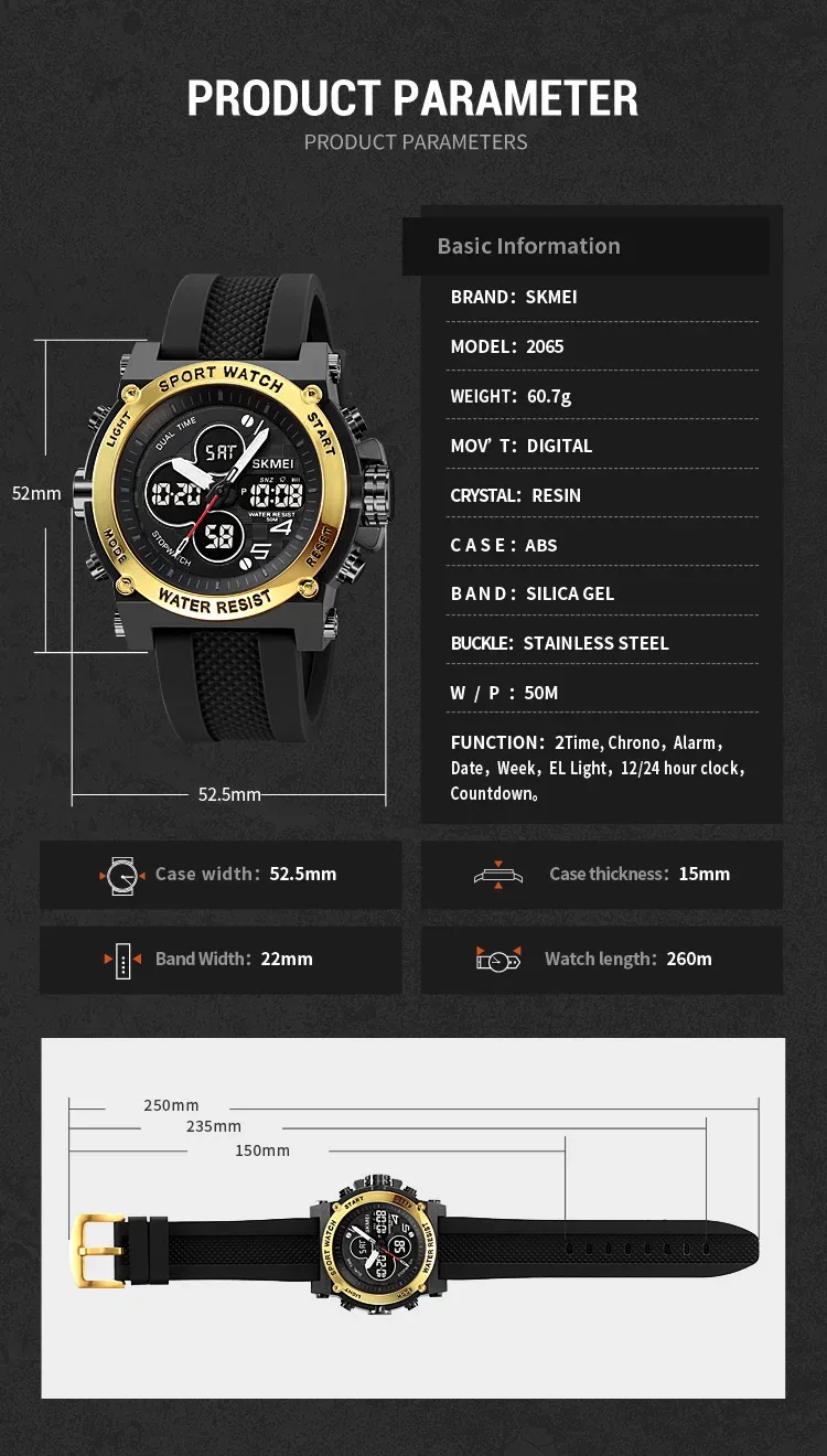SKMEI Men Countdown Sports Electronics Wristwatches Three Time Clock Digital Quartz Watches Dual Display Watch Relogio Masculino