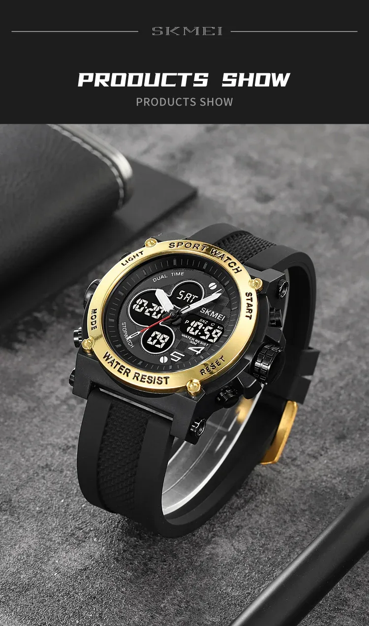 SKMEI Men Countdown Sports Electronics Wristwatches Three Time Clock Digital Quartz Watches Dual Display Watch Relogio Masculino