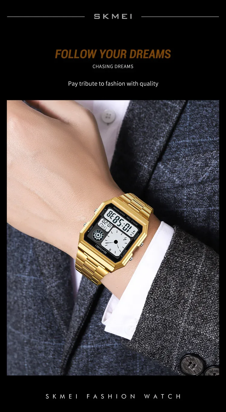 SKMEI Mens Electronic Waterproof Watches Sport  Digital Watch For Men Women Stainless Steel Wristwatch World Time Relojes Hombre