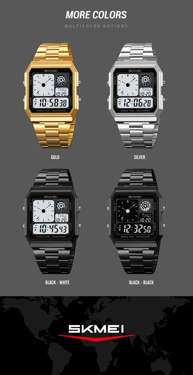 SKMEI Mens Electronic Waterproof Watches Sport  Digital Watch For Men Women Stainless Steel Wristwatch World Time Relojes Hombre