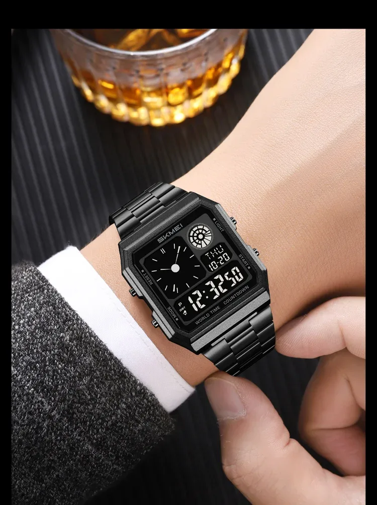 SKMEI Mens Electronic Waterproof Watches Sport  Digital Watch For Men Women Stainless Steel Wristwatch World Time Relojes Hombre