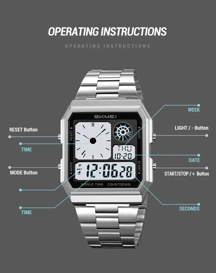 SKMEI Mens Electronic Waterproof Watches Sport  Digital Watch For Men Women Stainless Steel Wristwatch World Time Relojes Hombre