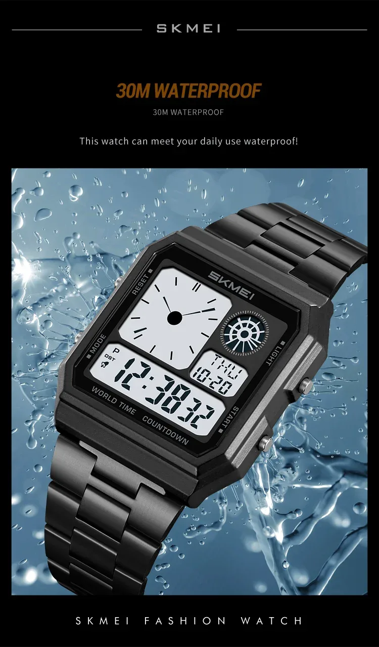 SKMEI Mens Electronic Waterproof Watches Sport  Digital Watch For Men Women Stainless Steel Wristwatch World Time Relojes Hombre