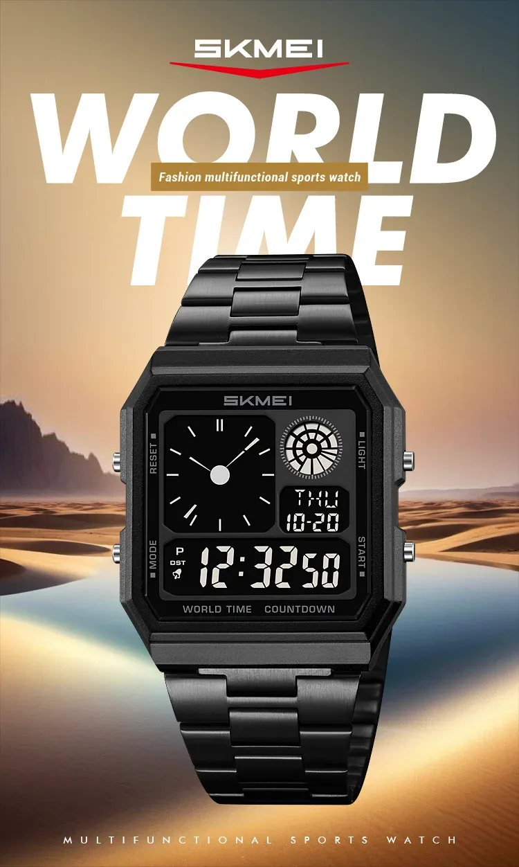 SKMEI Mens Electronic Waterproof Watches Sport  Digital Watch For Men Women Stainless Steel Wristwatch World Time Relojes Hombre
