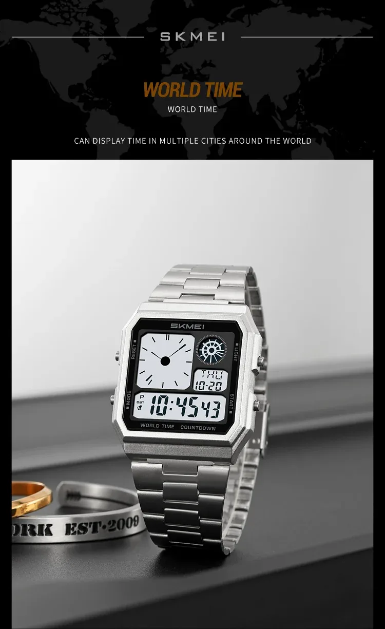 SKMEI Mens Electronic Waterproof Watches Sport  Digital Watch For Men Women Stainless Steel Wristwatch World Time Relojes Hombre