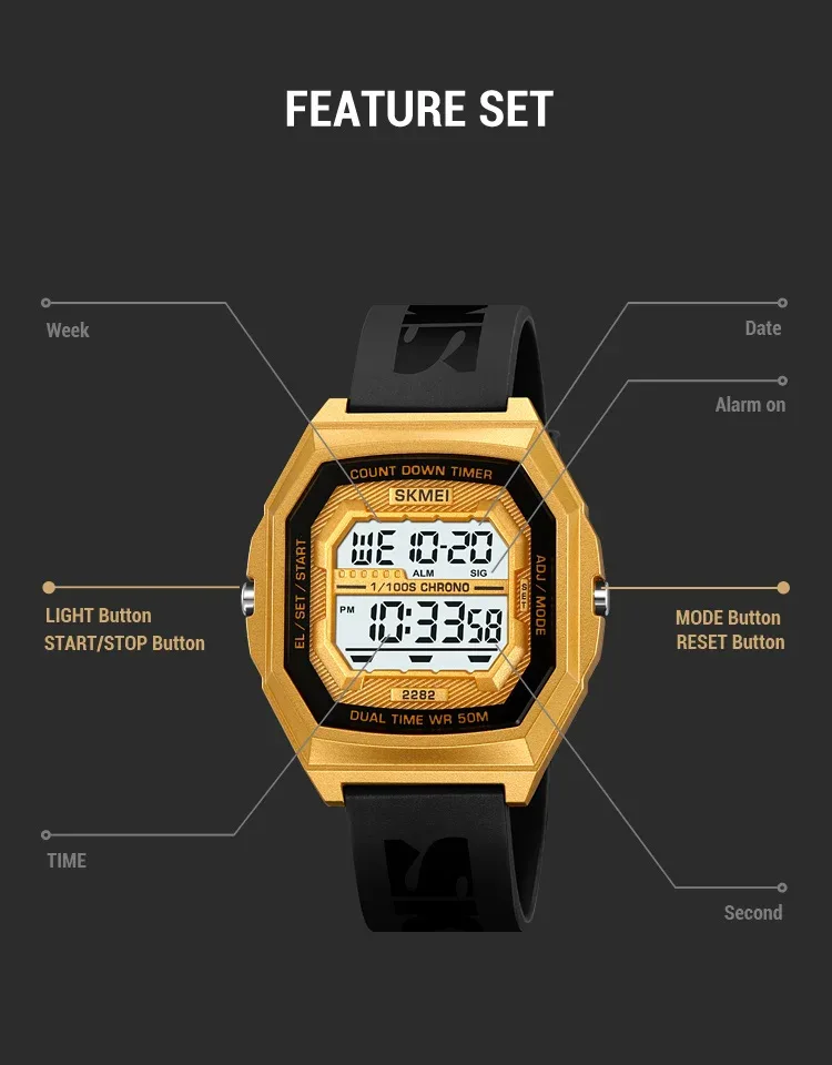 SKMEI Sport Digital Electronic Wristwatch For Men Women Student Fashion 5Bar Waterproof EL Light Chrono Watch Clock Reloj Hombre