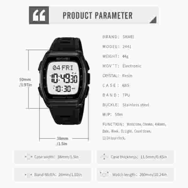 Skmei 2441 Multifunctional World Time Sports Watch with Dual Time Display and Countdown Timer (50M Waterproof) - Image 6