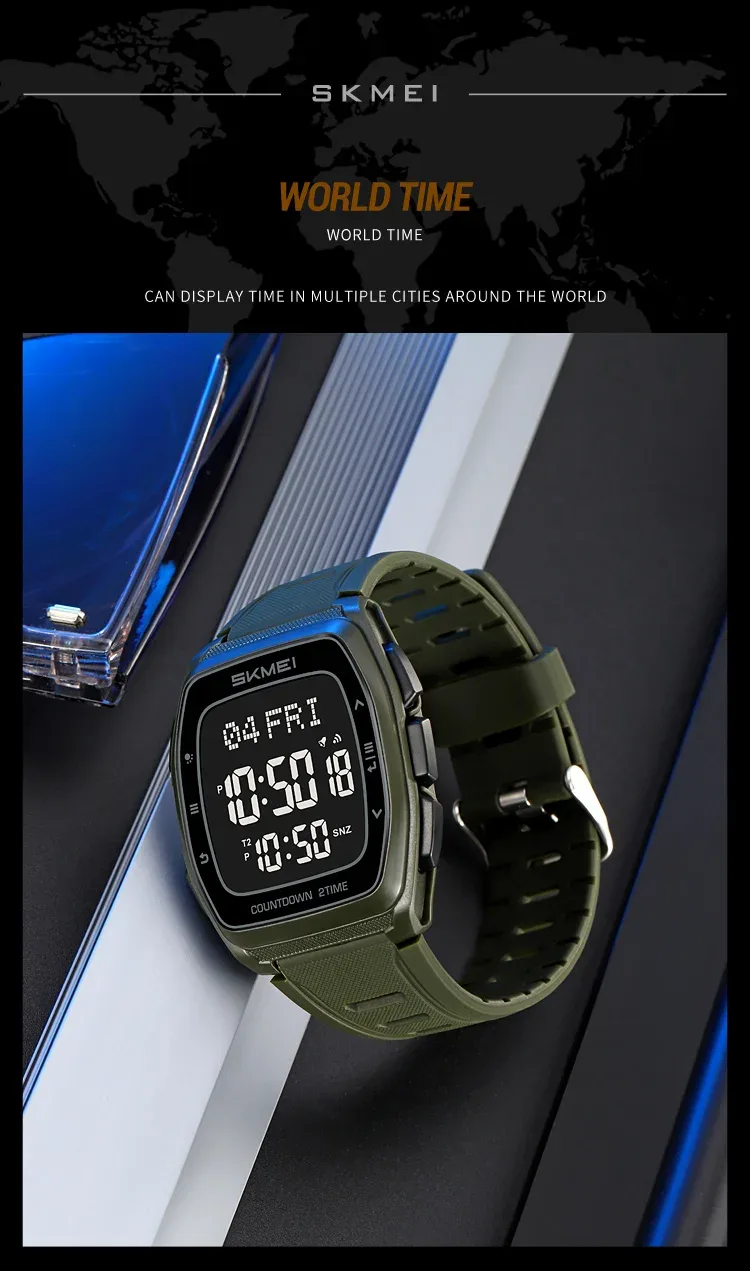 SKMEI World Time Waterproof Electronic Watches Sport Digital Wristwatch For Men Women Chrono Count Down Timer Watch Reloj Hombre