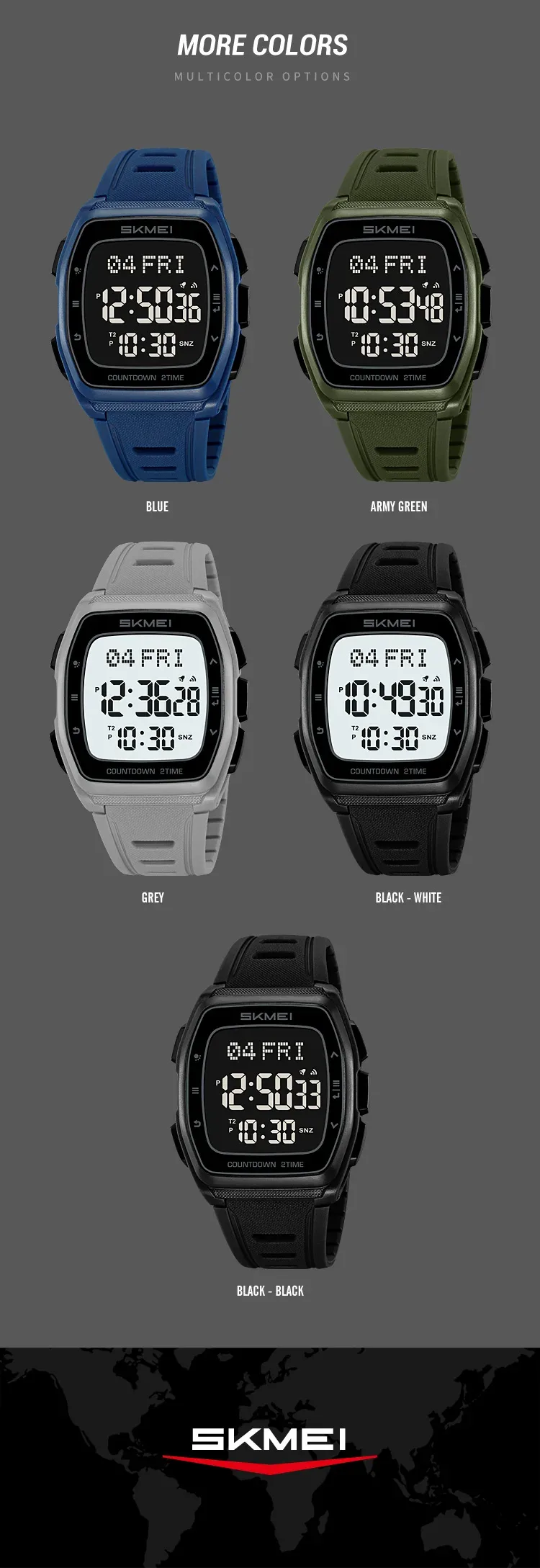 SKMEI World Time Waterproof Electronic Watches Sport Digital Wristwatch For Men Women Chrono Count Down Timer Watch Reloj Hombre