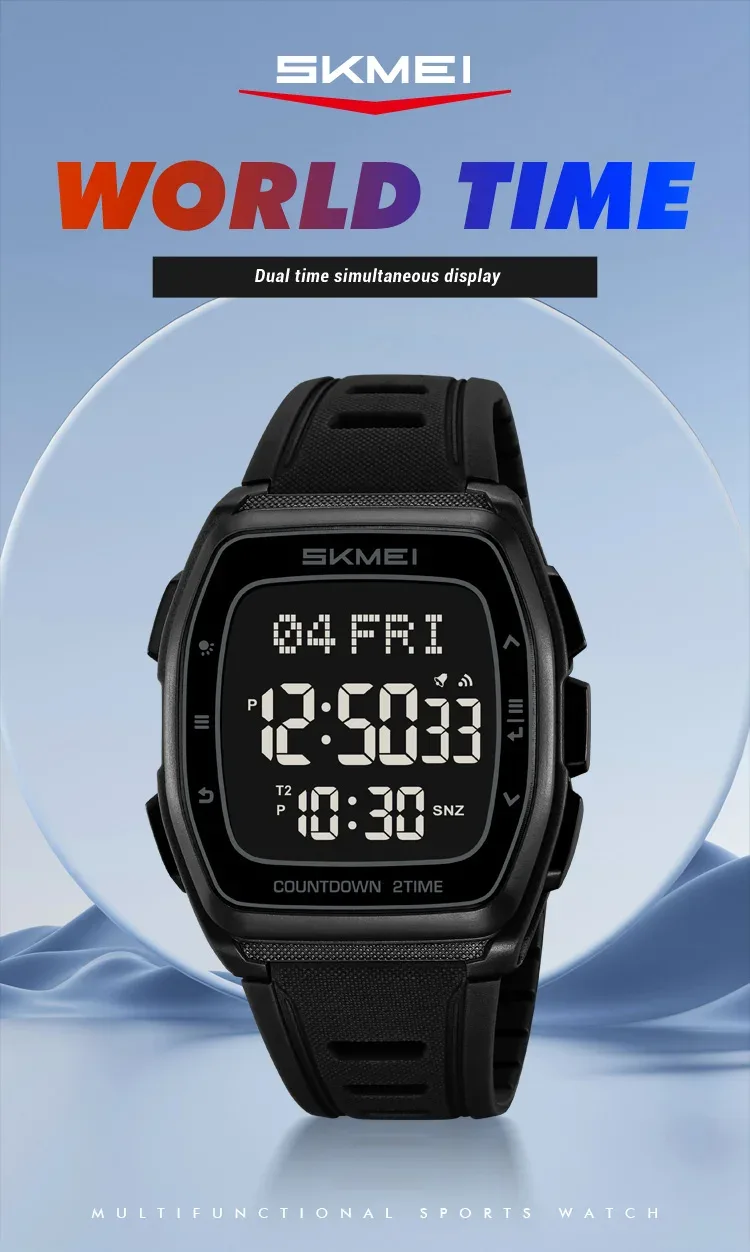 SKMEI World Time Waterproof Electronic Watches Sport Digital Wristwatch For Men Women Chrono Count Down Timer Watch Reloj Hombre