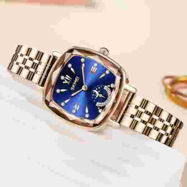 Skmei Elegant Square Rose Gold Women's Watch with Sunray Dial and Crystal Embellishment (30M Waterproof) - Image 2