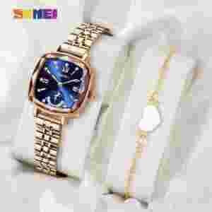 Skmei Elegant Square Rose Gold Women's Watch with Sunray Dial and Crystal Embellishment (30M Waterproof)