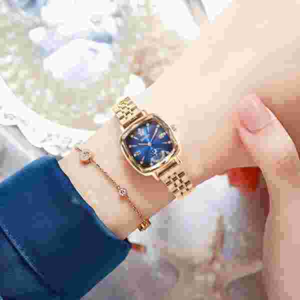 Skmei Elegant Square Rose Gold Women's Watch with Sunray Dial and Crystal Embellishment (30M Waterproof) - Image 3