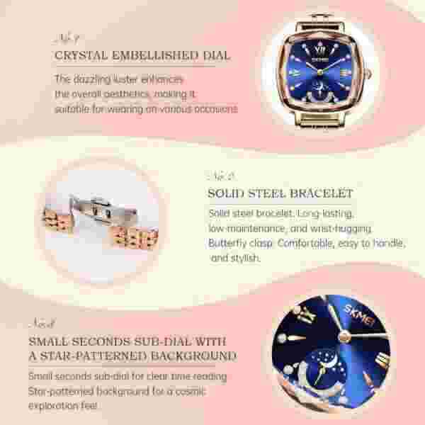 Skmei Elegant Square Rose Gold Women's Watch with Sunray Dial and Crystal Embellishment (30M Waterproof) - Image 5