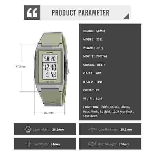 Skmei 2321 Multifunctional Digital Sports Watch with Dual Time, Countdown Timer and EL Backlight (50M Waterproof) - Image 6