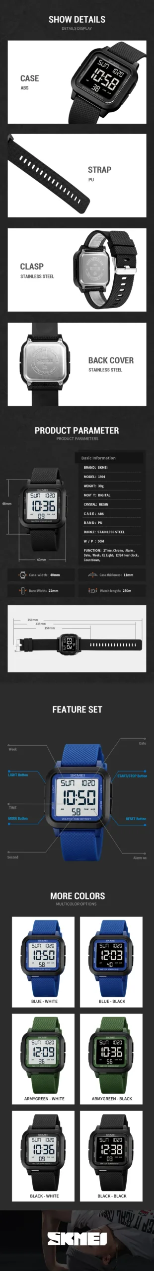 SKMEI Sport Digital Watch For Men Women Students Countdown Waterproof Chrono Electronics Wristwatches and Bracelet Reloj Hombre